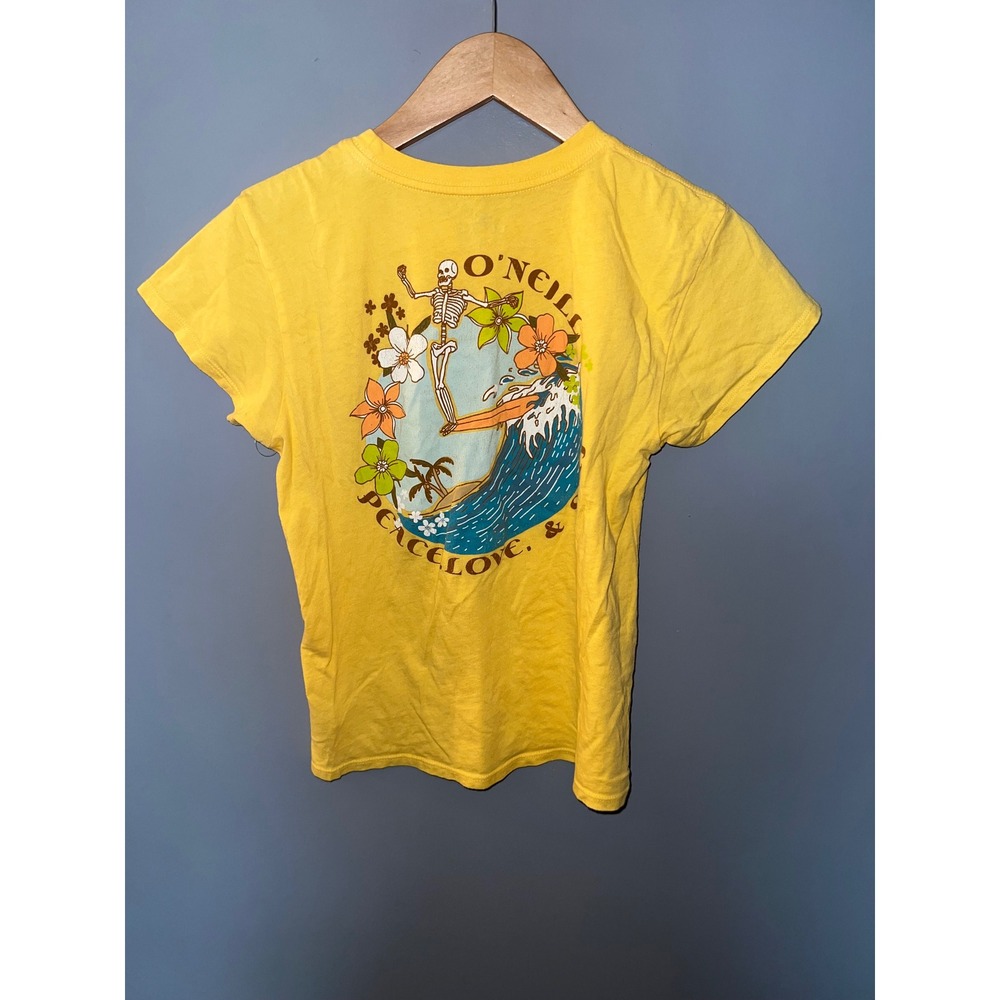ONeill Yellow Graphic Tee Skeleton Surfing Peace Love Surf Small